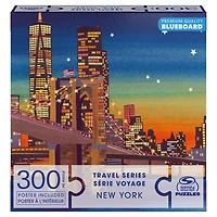 Puzzles Spin Master, New York, Puzzle BlueBoard de 300 pièces de la série Voyage représentant la silhouette des immeubles de Manhattan et le pont de Brooklyn, avec poster