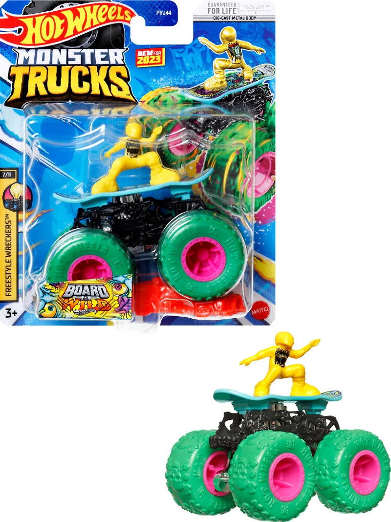 Assortiment de camions monstres ​en métal moulé sous pression Monster Trucks Hot Wheels à l'échelle 1:64 avec roues géantes  Les styles peuvent varier