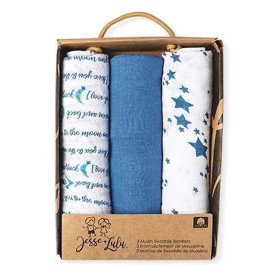 Jesse + Lulu Blue Galaxy Cotton Muslin Swaddle Blanket - Set Of 3