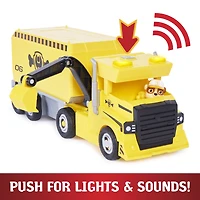 PAW Patrol, Camion 2-en-1 transformable X-Treme Truck de Ruben avec excavatrice, grue, sons et lumières, figurines