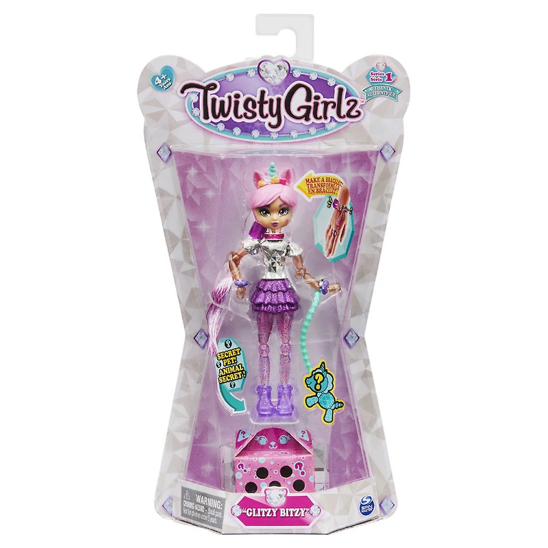 Twisty Girlz, Glitzy Bitsy Transforming Doll to Collectible Bracelet with Mystery Twisty Petz