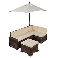 KidKraft - Ensemble modulaire extérieur en bois avec pouf, parasol et coussins, meubles de patio pour enfants, brun ours et beige