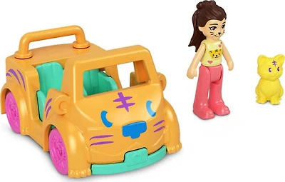 Polly Pocket Micro Doll with Tiger-Themed Die-cast Car and Mini Pet, Travel Toys