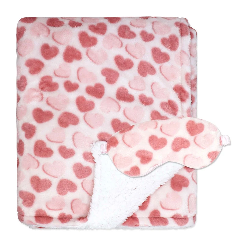 Jesse & Lulu Lounge Blanket with Sleep Mask: Pink Heart Blanket