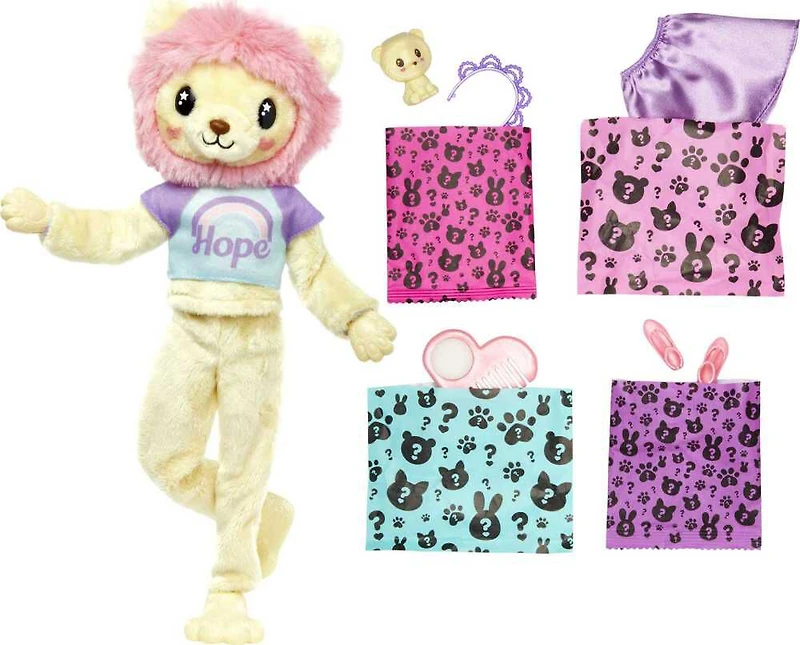 Barbie Cutie Reveal Doll and Accessories, Cozy Cute Tees Lion, "Hope" Tee, Purple-Streaked Blonde Hair, Brown Eyes
