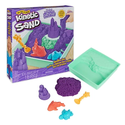 Kinetic Sand, Coffret Bac à sable, 454 g de sable violet, bac à sable, 4 moules et outils, jouets sensoriels