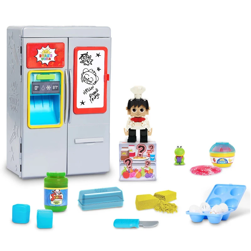 Frigo Surprise de Ryan Chef de Ryan's World, Sons et Lumières, Tableau Effaçable à Sec et Aliments pour Jouer, Paquets Surprises de Figurines, Boue, et Bien d'Autres !