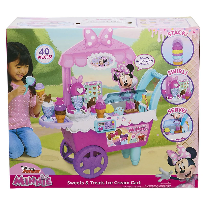 Disney Junior Minnie Mouse Sweets and Treats 2-foot Tall Rolling Ice Cream Cart, 40-pieces, Pretend Play Food Set - R Exclusive