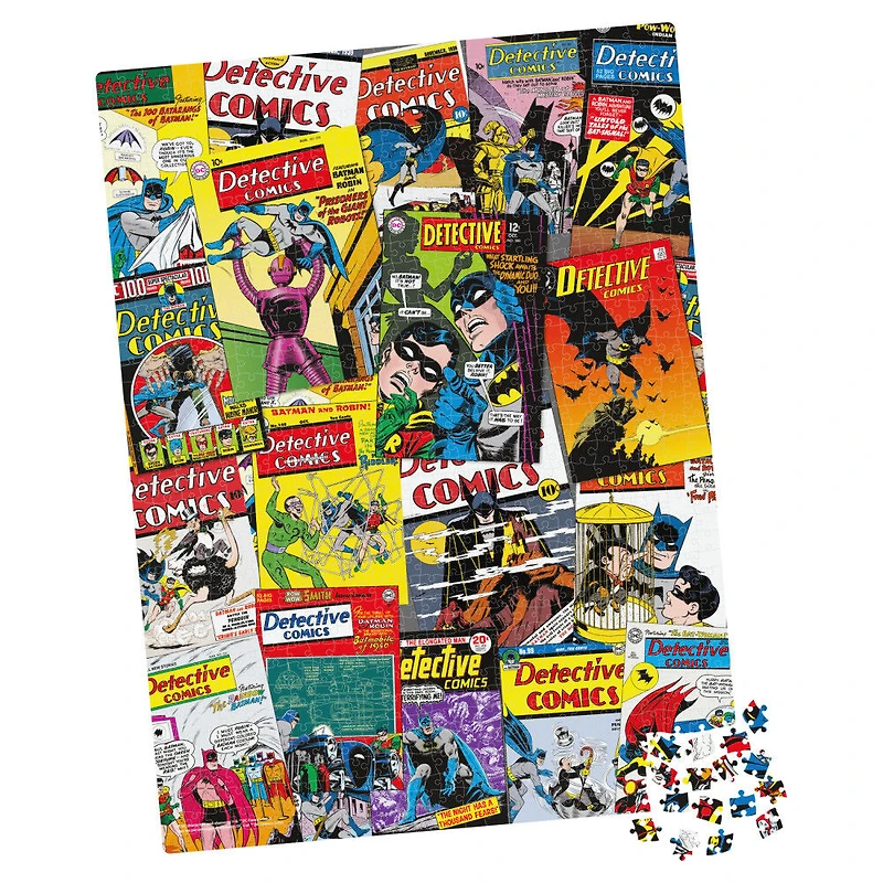 DC Comics, Detective Comics, Puzzle de 1 000 pièces représentant un collage de couvertures de comics rétro avec Batman et Le Joker, avec poster