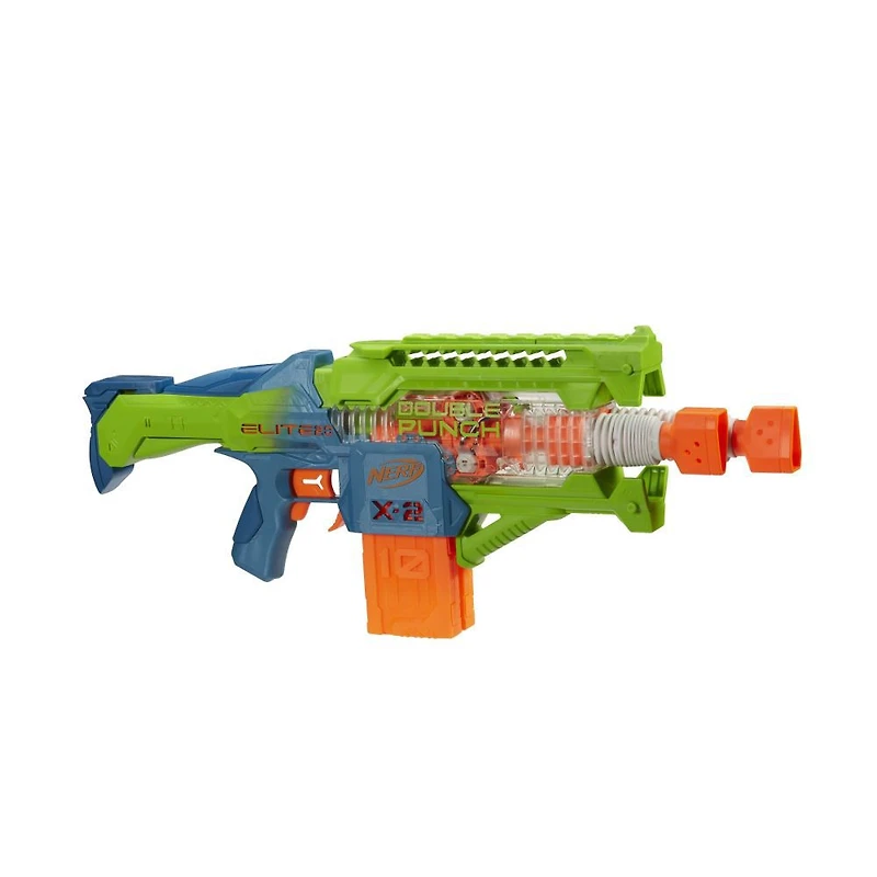 Nerf Elite 2.0, blaster Double Punch, 50 fléchettes Elite, 2 chargeurs 10 fléchettes, blaster motorisé