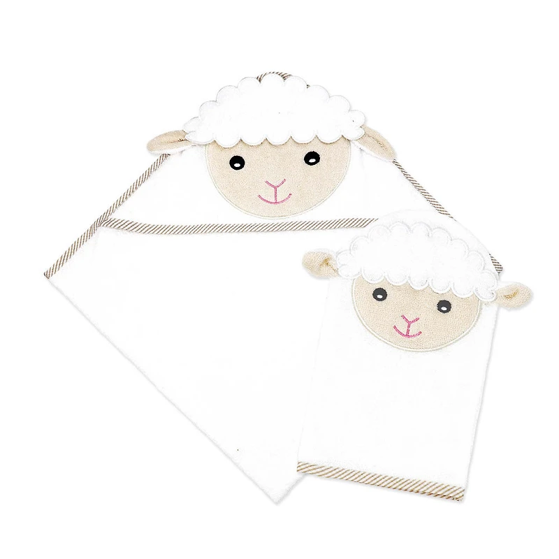 Baby Mode Signature Serviette à capuche et gant en agneau ivoire