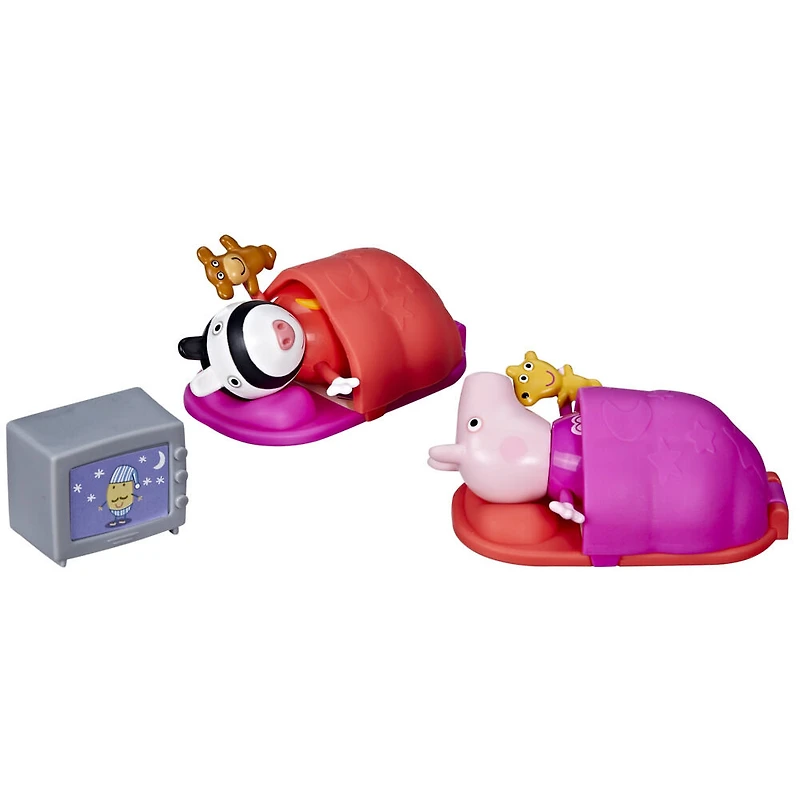 Peppa Pig, coffret Soirée pyjama de Peppa, 2 figurines et 3 accessoires thématiques, jouet préscolaire