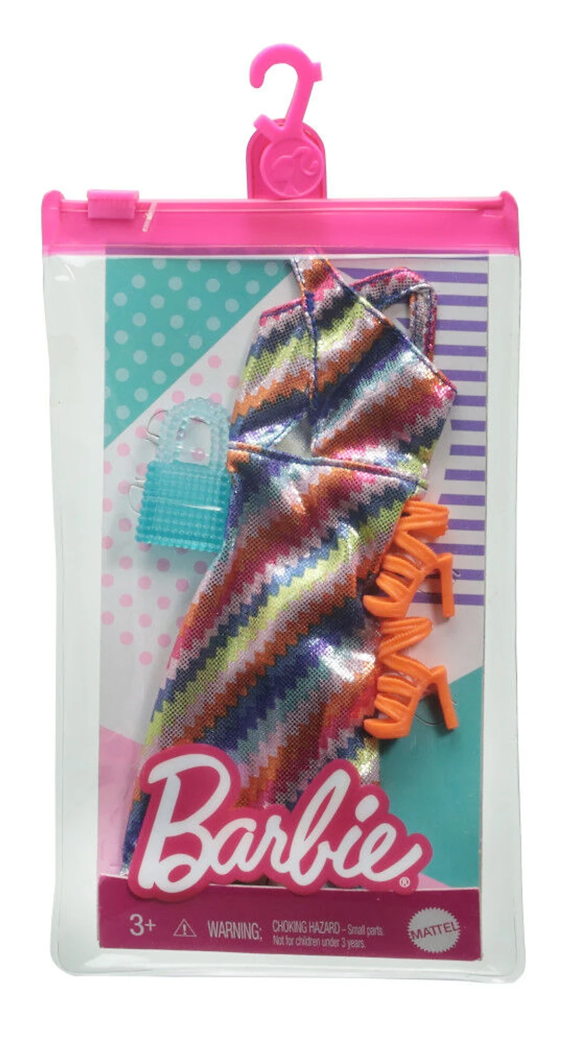 Pack Tenue Complète Barbie avec Robe Nacrée à Rayures, Sac à Main Bleu et Chaussures Orange, Vêtements de Poupée