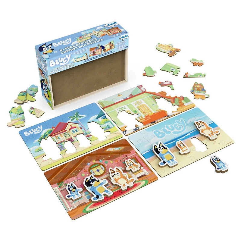 Bluey, Coffret de 4 puzzles en bois avec personnages Bingo, Maman et Papa, Coffret cadeau puzzles de 24 pièces