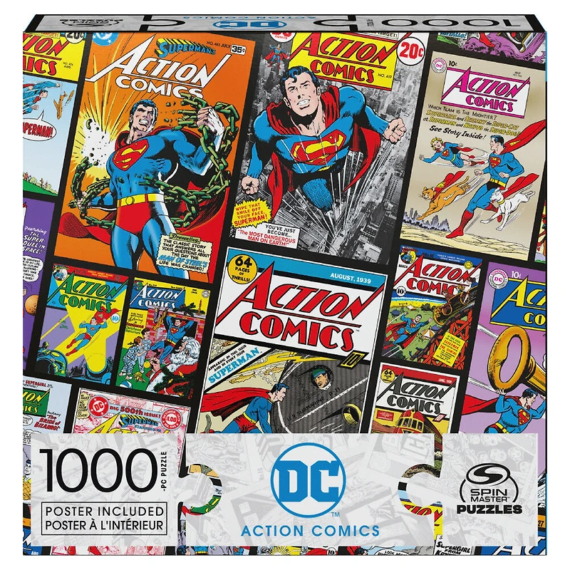 DC Comics, Action Comics, Puzzle de 1 000 pièces représentant un collage de couvertures de comics Superman rétro, avec poster
