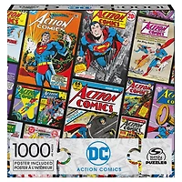 DC Comics, Action Comics, Puzzle de 1 000 pièces représentant un collage de couvertures de comics Superman rétro, avec poster