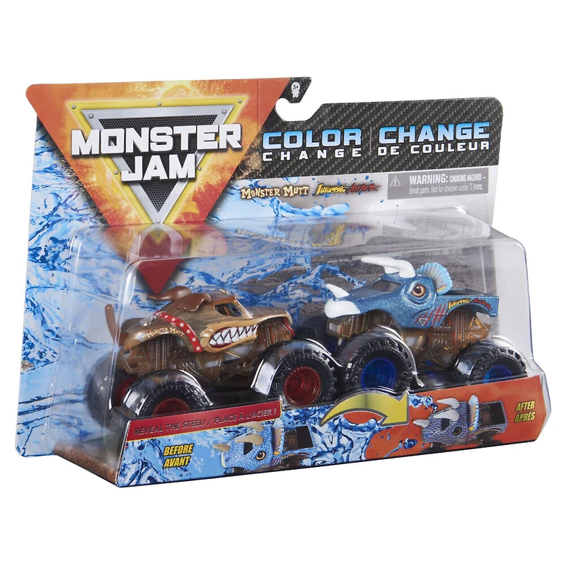 Monster Jam, Monster trucks Monster Mutt vs. Jurassic Attack officiels qui changent de couleur en métal moulé, échelle 1:64