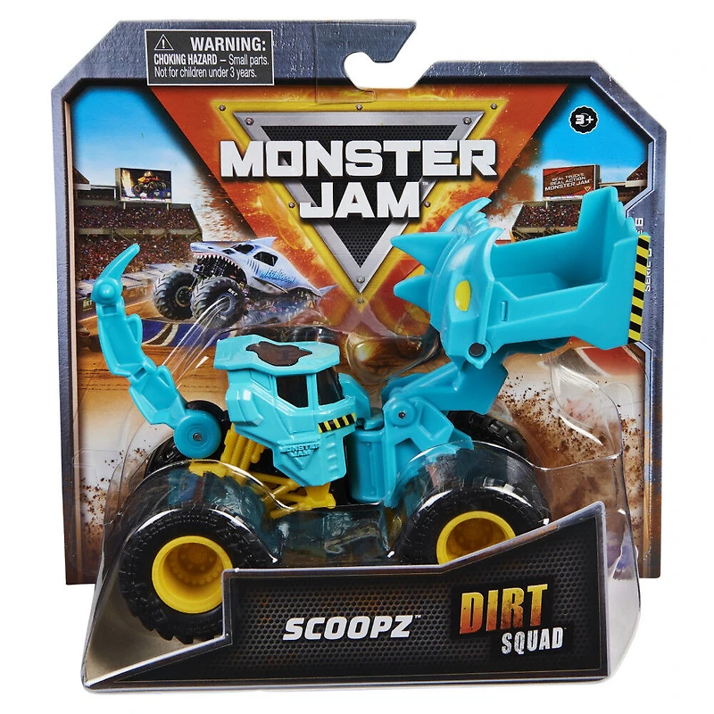 Monster Jam, Official Scoopz Dirt Squad Scooper Monster Truck avec pièces mobiles, véhicule en métal moulé à l'échelle 1:64