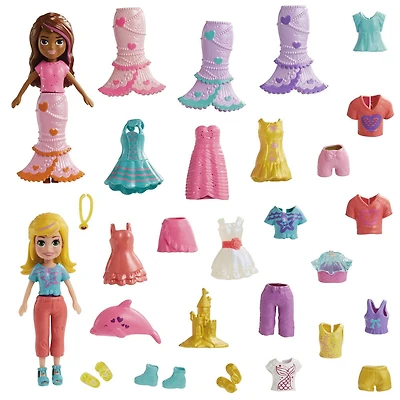 Polly Pocket 2 Dolls and 25 Accessories, Color-Change Seashine Mermaid Fashion Pack