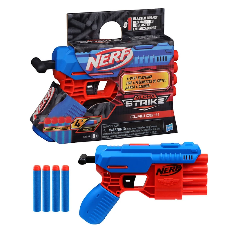 Nerf Alpha Strike, blaster Claw QS-4, inclut 4 fléchettes en mousse Nerf Elite officielles, facile à utiliser
