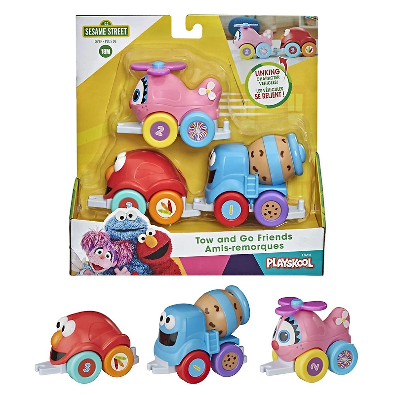 Sesame Street Tow and Go Friends Toy, 3 Linking Vehicles Featuring Elmo, Cookie Monster and Abby Cadabby - R Exclusive