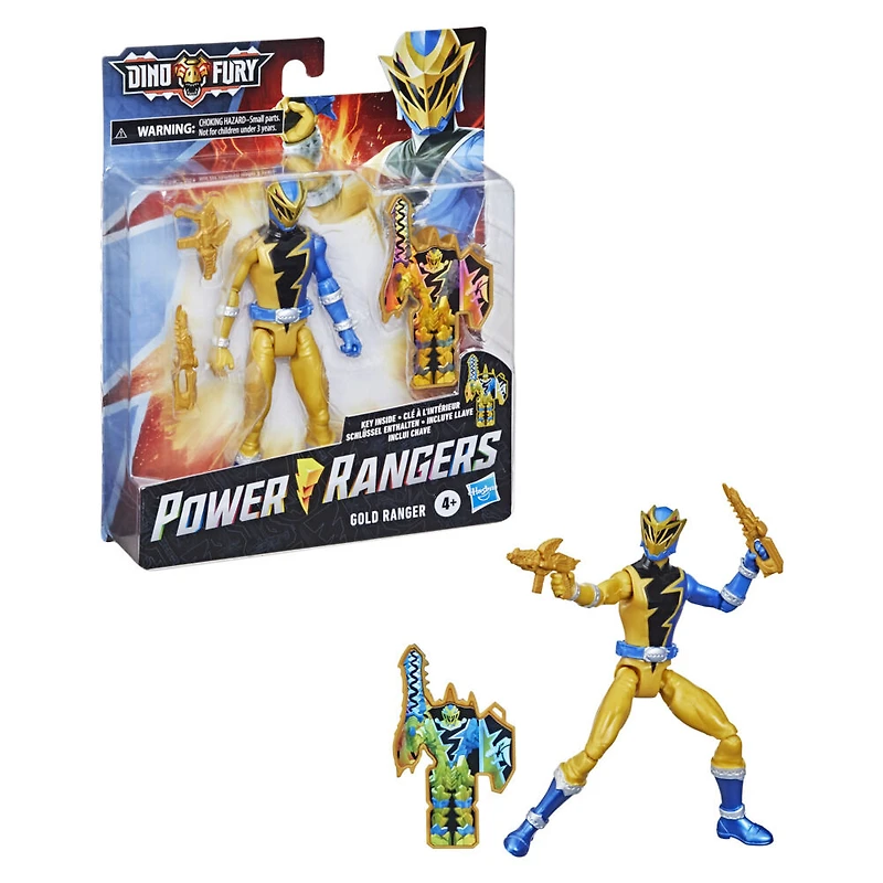 Power Rangers Dino Fury, Ranger doré, figurine articulée de 15 cm inspirée de la série, avec clé Dino Fury et accessoire