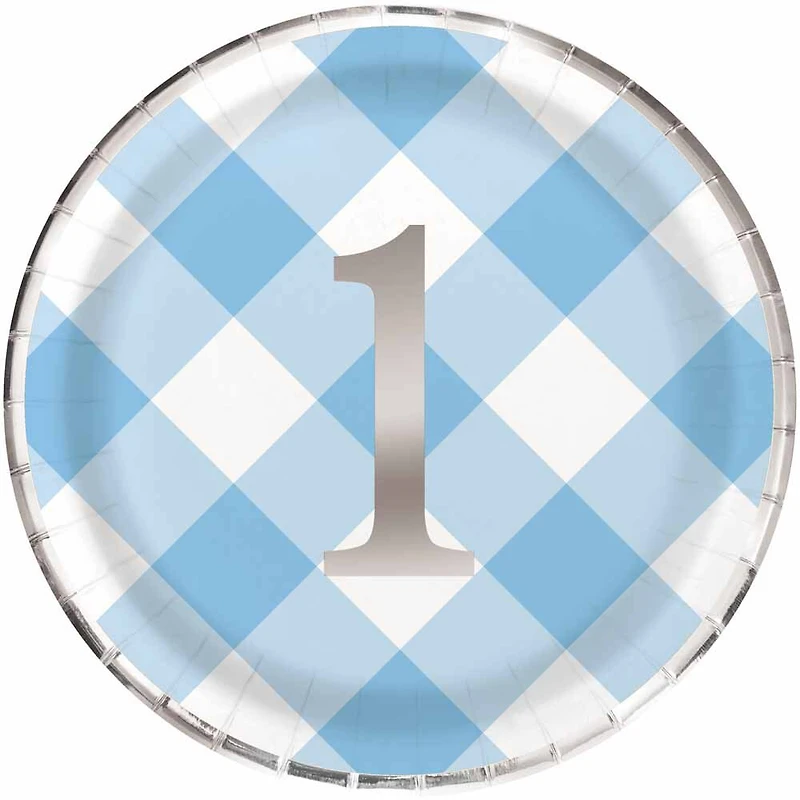 Blue Gingham 1st Birthday Assiettes 9po, 8un
