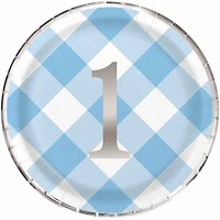Blue Gingham 1st Birthday Assiettes 9po, 8un