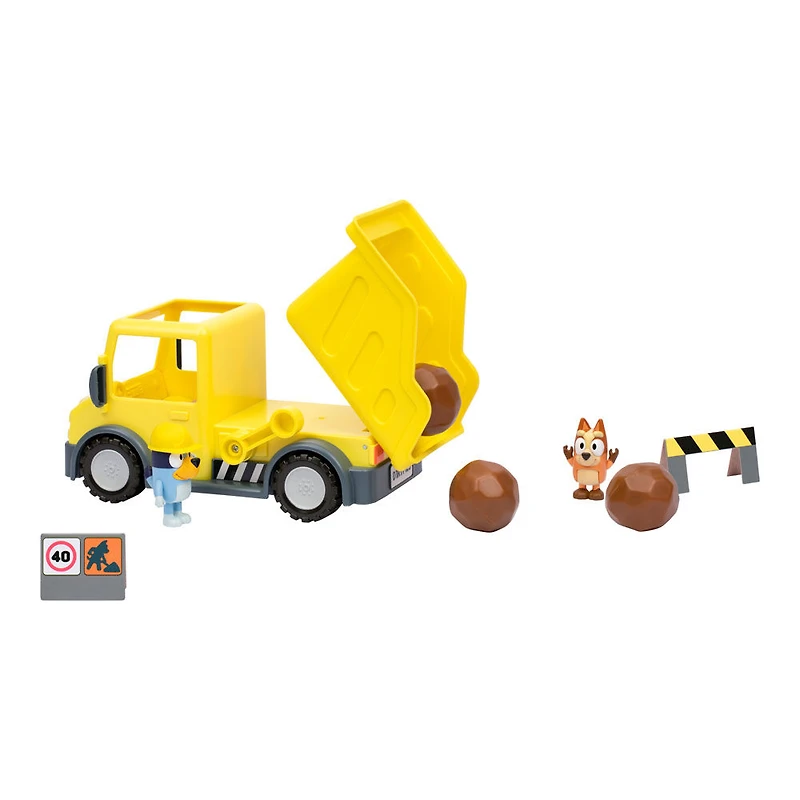 Camion à benne basculante de Bluey avec casque de sécurité exclusif Bluey et figurines Muddy Bingo