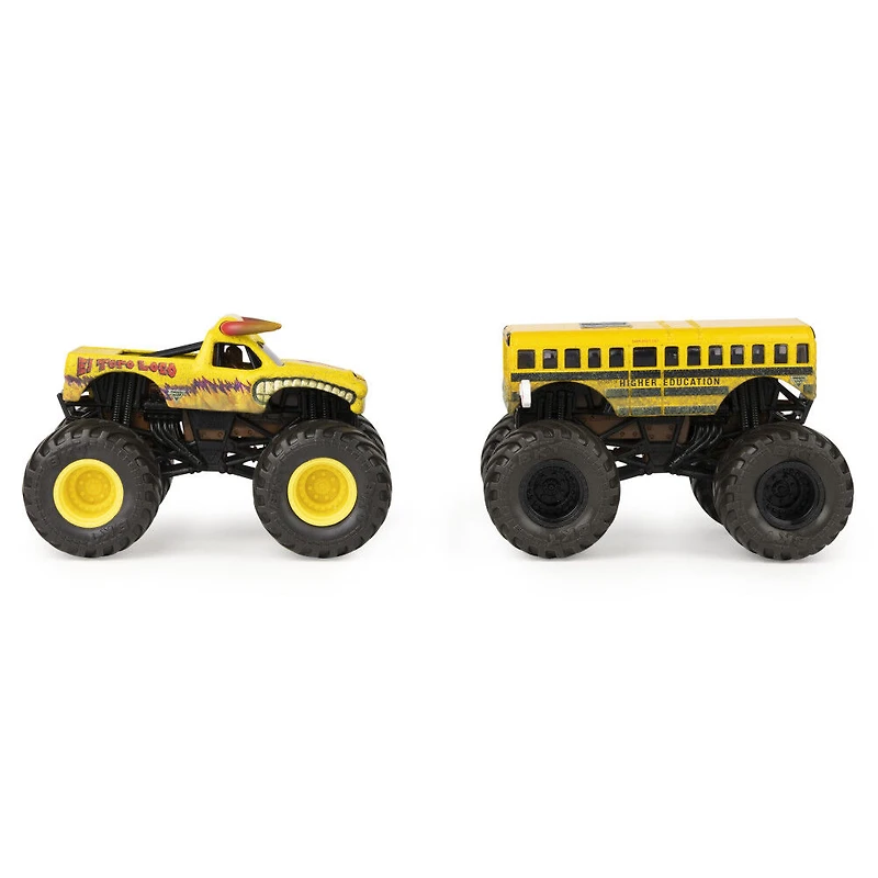 Monster Jam, Coffret de 2 monster trucks officiels en métal moulé El Toro Loco vs. Higher Education  qui changent de couleur, échelle 1:64