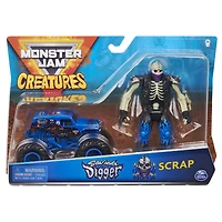 Monster Jam, Coffret Monster truck Son-uva Digger à l'échelle 1:64 officiel et figurine articulée Scrap Creatures de 12,7 cm