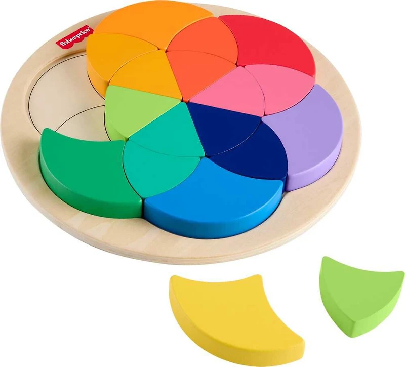 Casse-tête en bois de la roue des couleurs de Fisher-Price, jeu de tri des formes pour les enfants d'âge préscolaire, 19pièces en bois