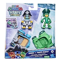 Pyjamasques, Course poursuite Gluglu contre Robot pirate, jouet préscolaire de 2 mini-véhicules et 2 figurines articulées