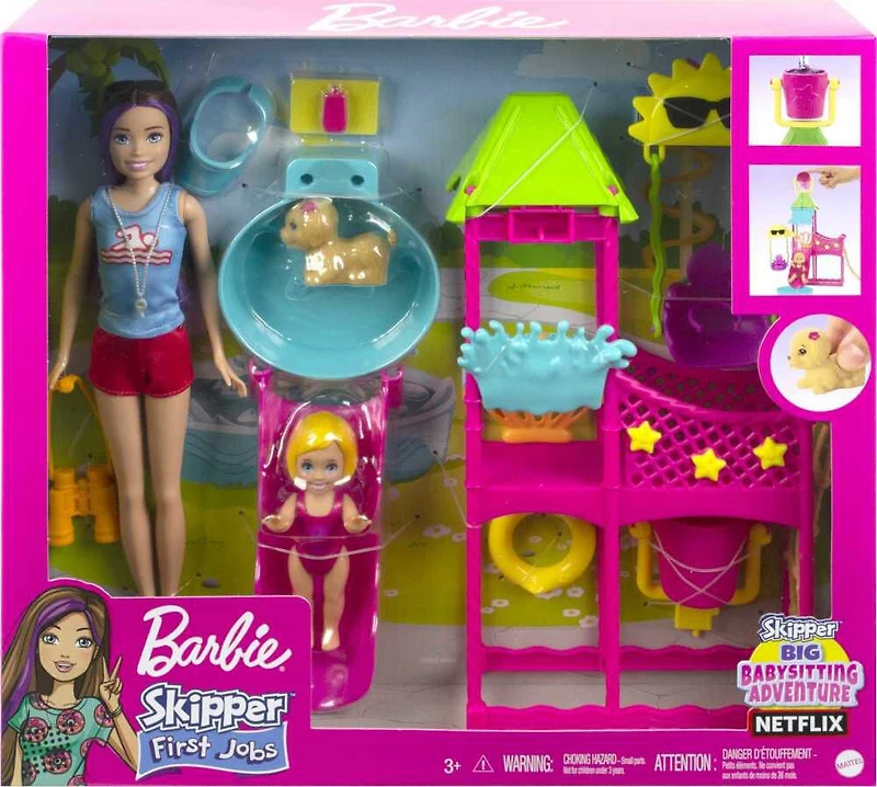 Barbie Toys, Skipper Doll and Waterpark Playset with Working Water Slide and Accessories, First Jobs