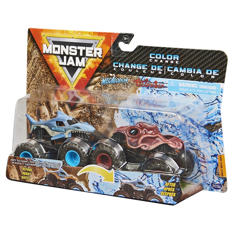 Monster Jam, Coffret de 2 monster trucks officiels en métal moulé Megalodon vs. Octon8er qui changent de couleur, échelle 1:64