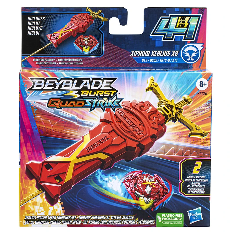 Beyblade Burst QuadStrike, pack Lanceur puissance et vitesse Xcalius, ensemble de combat avec lanceur puissance et vitesse Xcalius et toupie à rotation droite