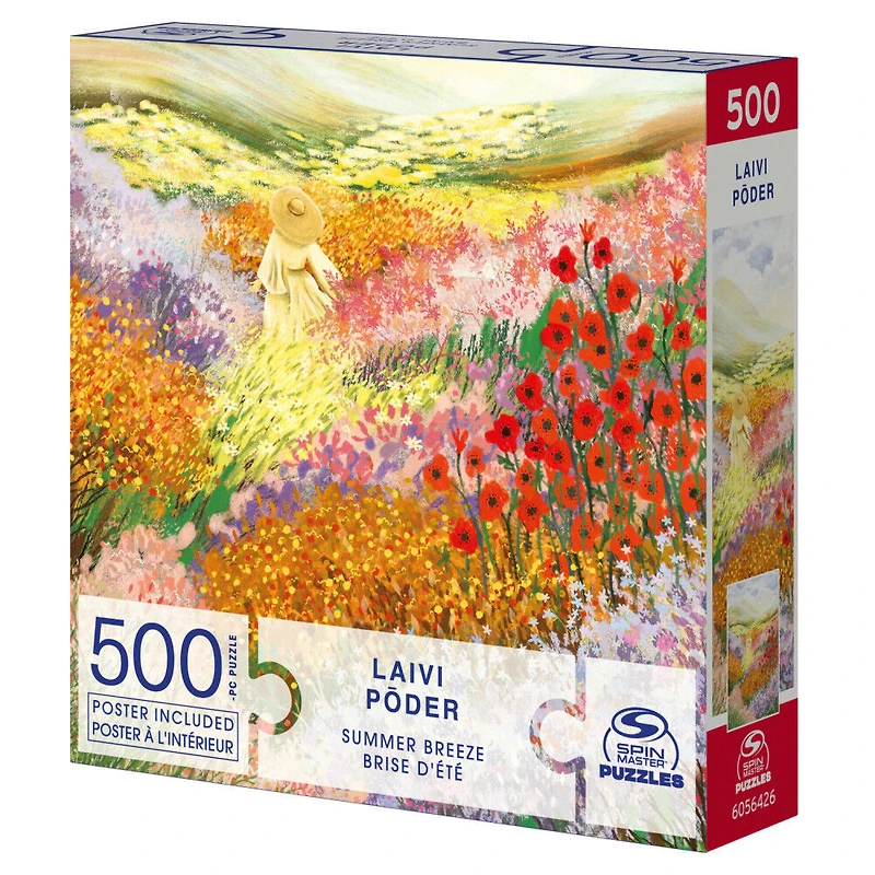 Puzzles Spin Master, Brise d'été, Puzzle de 500 pièces par l'artiste Laivi Põder représentant un paysage de fleurs, avec poster