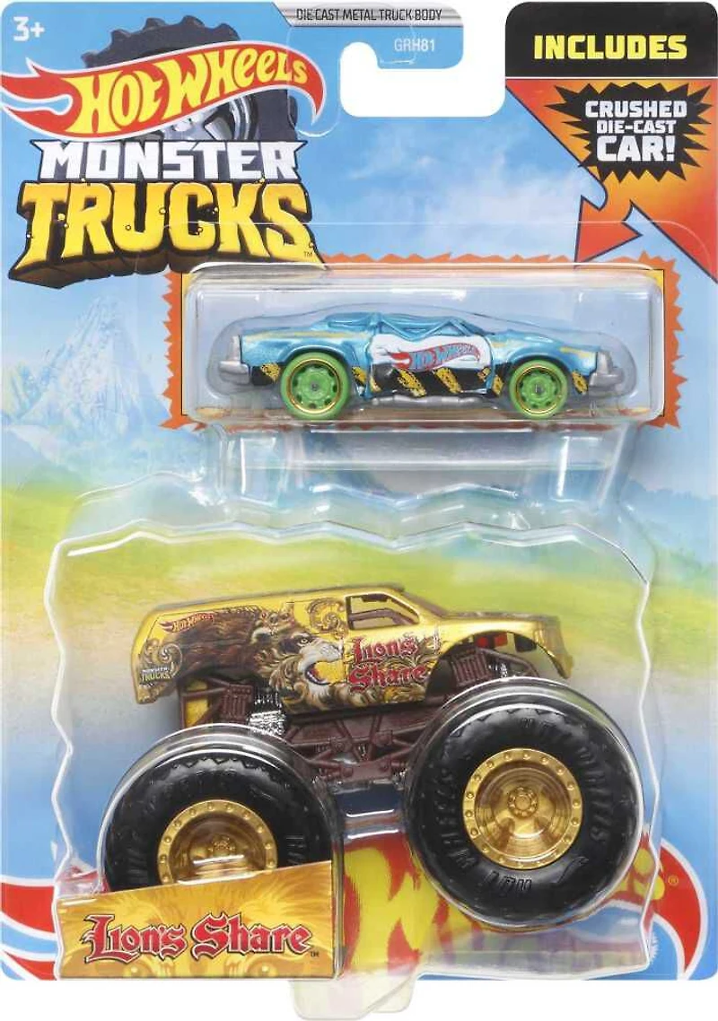 Hot Wheels Monster Trucks 1:64 Scale Vehicles 2 Pack; 1 Die-Cast Truck & 1 Car