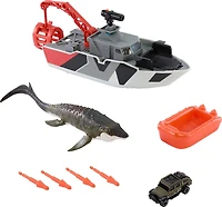 Matchbox Jurassic World Mosasaurus Rescue Action Boat Playset with Ship, Dino, Toy Car & Missiles