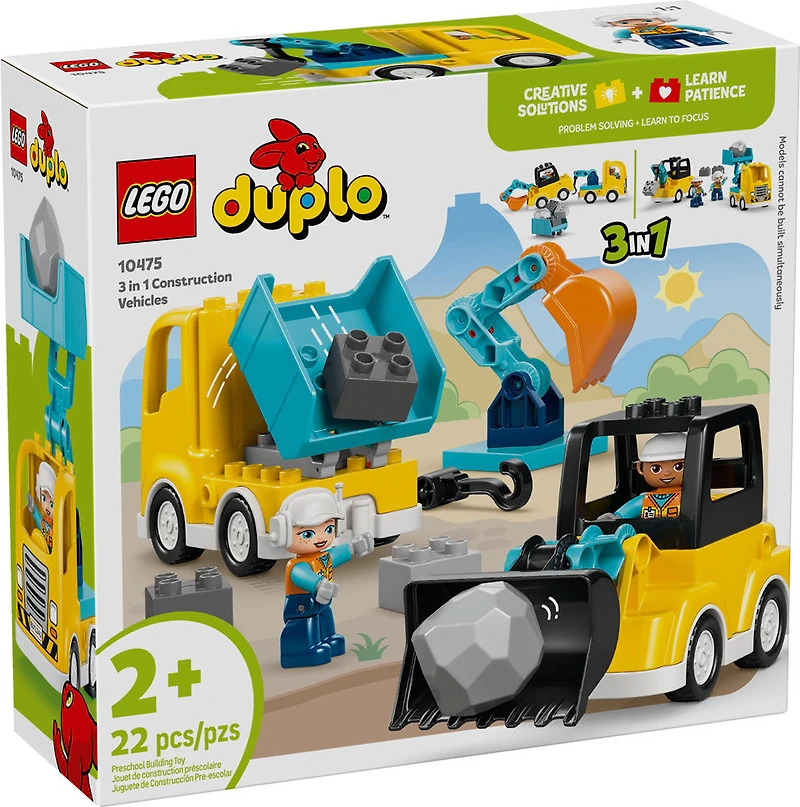 LEGO DUPLO Town 3 in 1 Construction Vehicles Toys for Toddlers, Boys, & Girls, Ages 2+ - 10475
