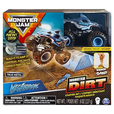 Coffret débutant Monster Dirt Megalodon, avec 226 g (8 oz) de Monster Dirt et un monster truck Monster Jam.