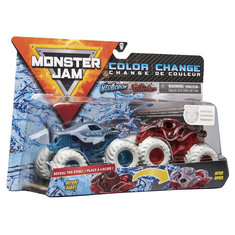 Monster Jam, Monster trucks Megalodon vs Octon8er officiels qui changent de couleur en métal moulé, échelle 1:64