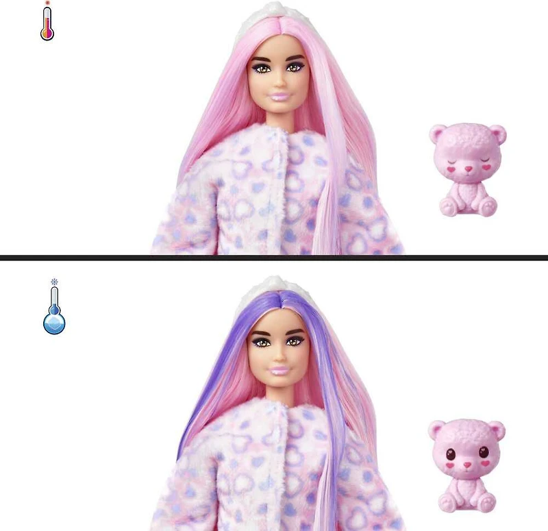 Barbie Cutie Reveal Doll and Accessories, Cozy Cute Tees Teddy Bear in "Love" T-shirt, Purple-Streaked Pink Hair and Brown Eyes