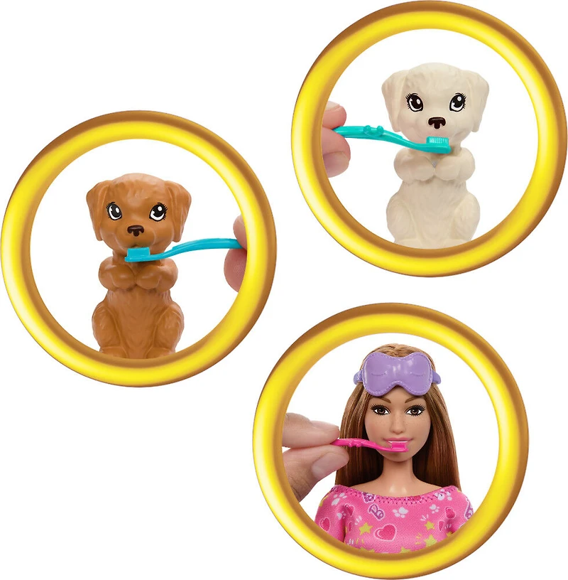 Barbie-Soirée Pyjama Chiots-Coffret poupée, 2chiots, 11accessoires
