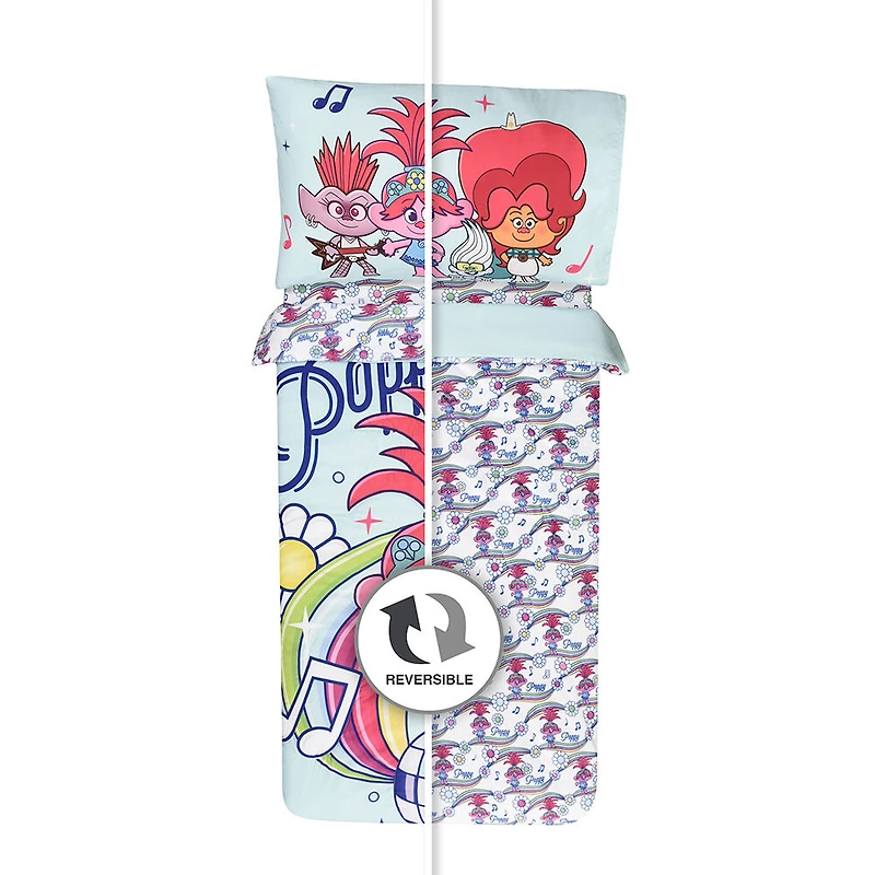 Trolls 3 Piece Toddler Bedding Set with Reversible Comforter, Fitted Sheet and Pillowcase by Nemcor