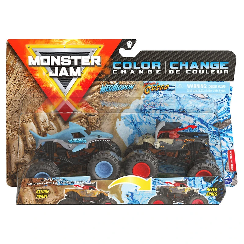 Monster Jam, Official Megalodon vs. Pirate's Curse Color-Changing Die-Cast Monster Trucks, 1:64 Scale