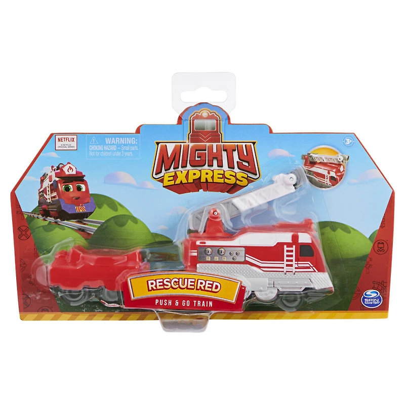 Mighty Express, Rescue Red Push and Go Toy Train with Cargo Car