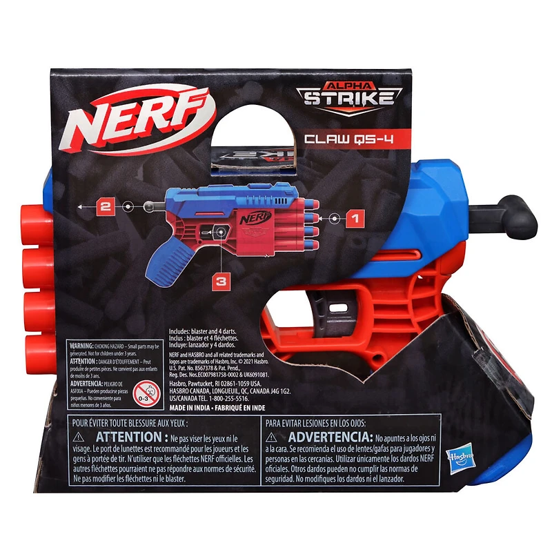 Nerf Alpha Strike, blaster Claw QS-4, inclut 4 fléchettes en mousse Nerf Elite officielles, facile à utiliser