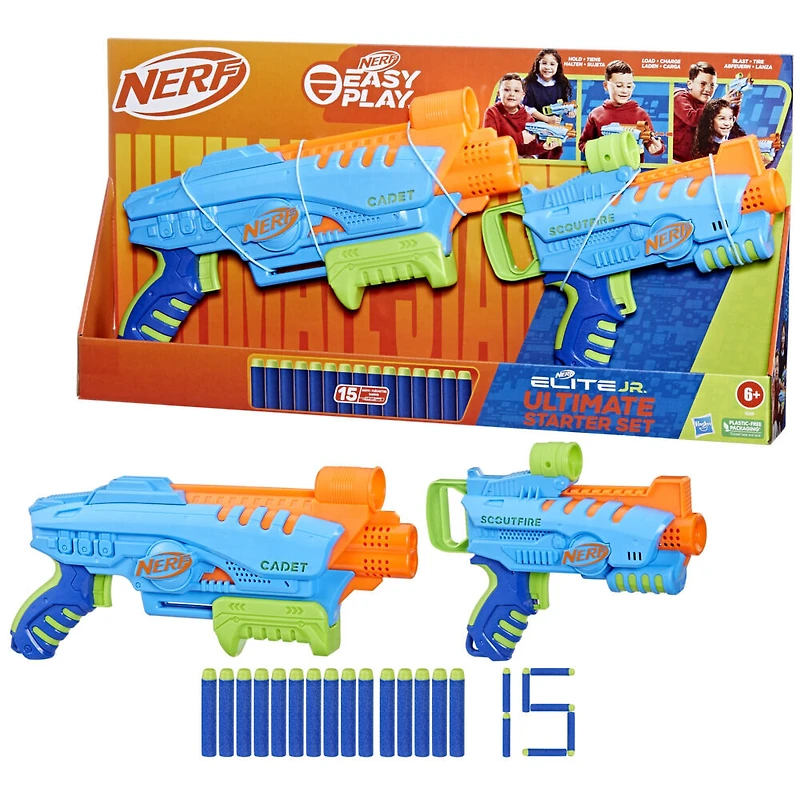 Nerf Elite Junior Ultimate Starter Set, 2 blasters faciles à utiliser, 15 fléchettes Nerf Elite
