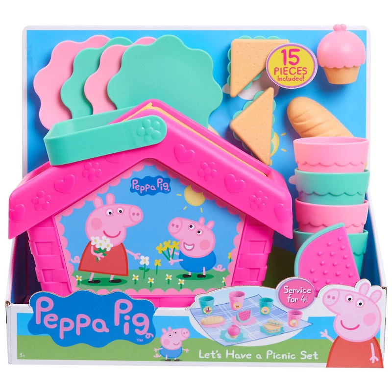 Peppa Pig Let's Have a Picnic Set, Travel Toy with Handle Includes 4 Settings and Play Food, 15-Pieces